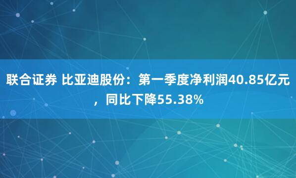 联合证券 比亚迪股份：第一季度净利润40.85亿元，同比下降55.38%